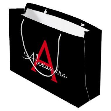 Red Black Script Girly Monogram Name Large Gift Bag