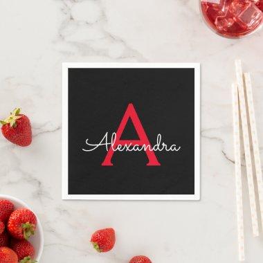 Red Black Script Girly Monogram Name Napkins