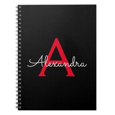 Red Black Script Girly Monogram Name Notebook