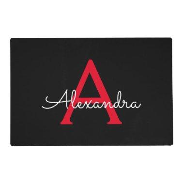 Red Black Script Girly Monogram Name Placemat