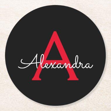 Red Black Script Girly Monogram Name Round Paper Coaster