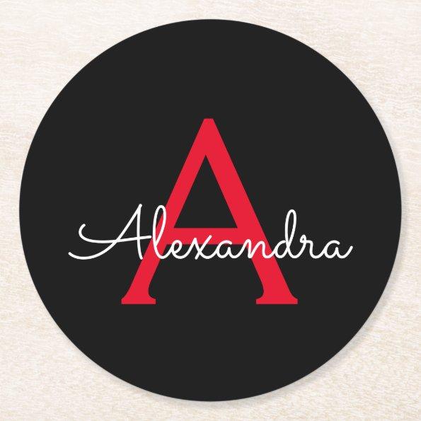 Red Black Script Girly Monogram Name Round Paper Coaster