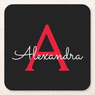 Red Black Script Girly Monogram Name Square Paper Coaster