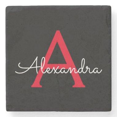 Red Black Script Girly Monogram Name Stone Coaster