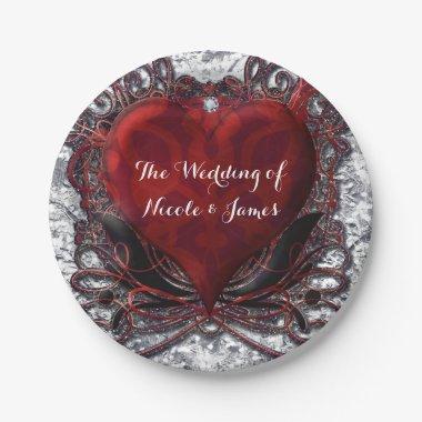 Red Black Silver Valentine Heart Party Paper Plates