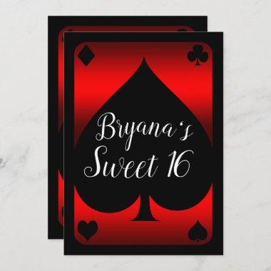 Red & Black Spade Glam Casino Sweet 16 Party Invitations