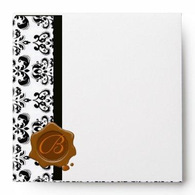 RED BLACK WHITE DAMASK BROWN WAX SEAL MONOGRAM ENVELOPE