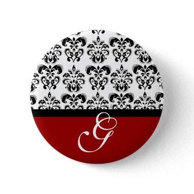 RED BLACK WHITE DAMASK WEDDING MONOGRAM BUTTON