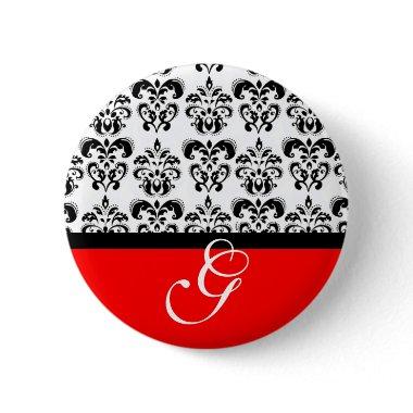 RED BLACK WHITE DAMASK WEDDING MONOGRAM BUTTON