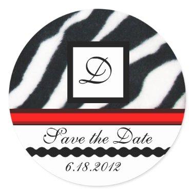 RED BLACK WHITE ZEBRA FUR MONOGRAM ,Save The Date Classic Round Sticker