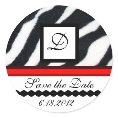 RED BLACK WHITE ZEBRA FUR MONOGRAM ,Save The Date Classic Round Sticker