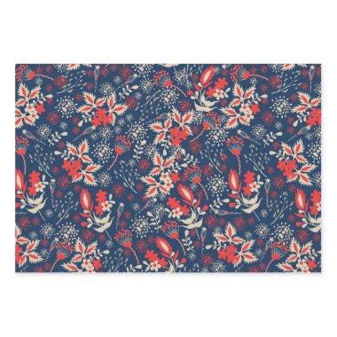 Red blue Christmas floral pattern Wrapping Paper Sheets