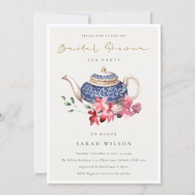 Red Blue Floral Teapot Bridal Shower Party Invite