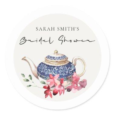 Red Blue Teapot Floral Bridal Shower Tea Party Classic Round Sticker
