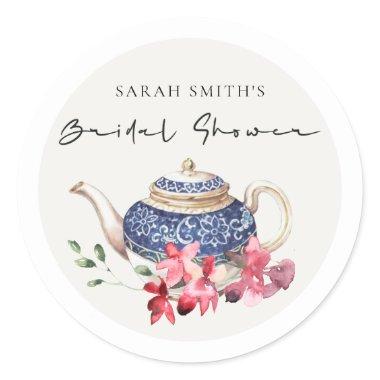 Red Blue Teapot Floral Bridal Shower Tea Party Classic Round Sticker