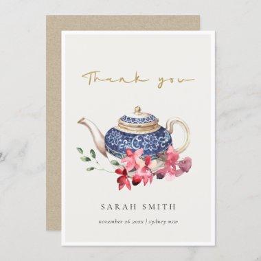 Red Blue watercolor Teapot Floral Tea Party Thank You Invitations