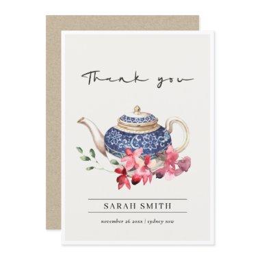 Red Blue watercolor Teapot Floral Tea Party Thank You