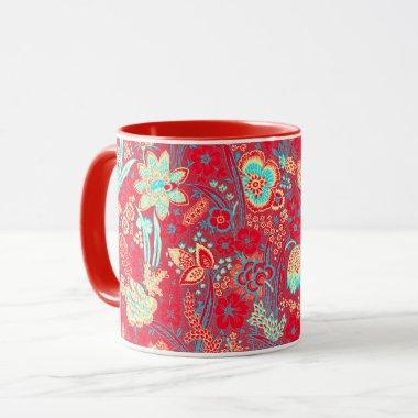 RED BLUE WHITE WILD FLOWERS TULIPS,LEAVES FLORAL MUG