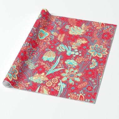 RED BLUE WHITE WILD FLOWERS TULIPS,LEAVES FLORAL WRAPPING PAPER