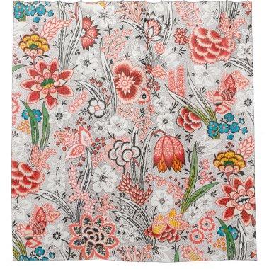 RED BLUE YELLOW WILD FLOWERS TULIPS,LEAVES FLORAL SHOWER CURTAIN