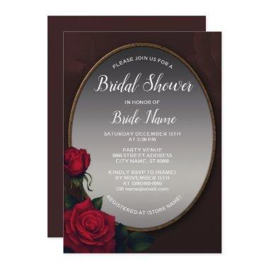 Red Blush Floral Silver Gray Mirror Bridal Shower Invitations