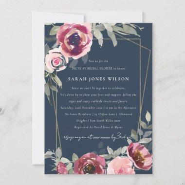 RED BLUSH ROSE NAVY DRIVE BY BRIDAL SHOWER INVITE