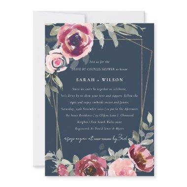 RED BLUSH ROSE NAVY DRIVE BY COUPLES SHOWER INVITE