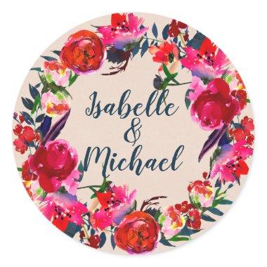 Red Boho Chic Floral Wreath, Personalized Stickers