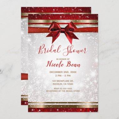 Red Bow & Gold White Sparkle Holiday Bridal Shower Invitations