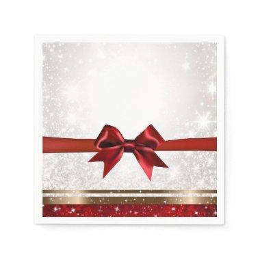 Red Bow & Gold White Sparkle Holiday Party Napkins