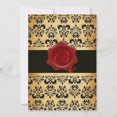 RED BROWN AND BLACK DAMASK ,WAX SEAL MONOGRAM Invitations