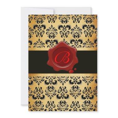 RED BROWN AND BLACK DAMASK ,WAX SEAL MONOGRAM Invitations