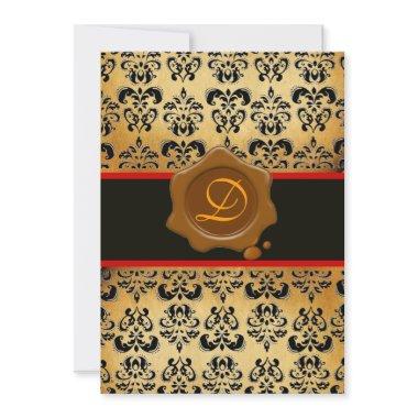 RED BROWN AND BLACK DAMASK ,WAX SEAL MONOGRAM Invitations