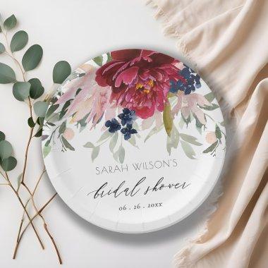 Red Burgundy Blush Blue Floral  Paper Plates