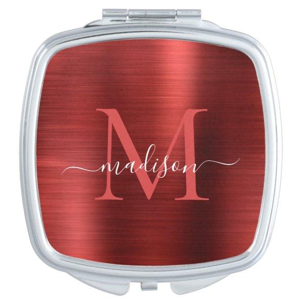 Red Burgundy Brushed Metal Monogram Girly Script Compact Mirror