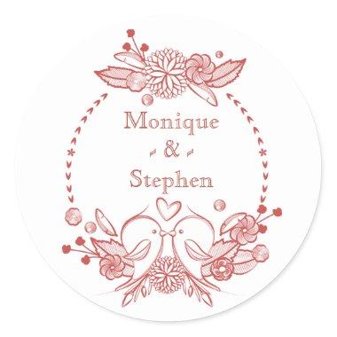 Red Burgundy LoveBirds Floral Personalized Name Classic Round Sticker