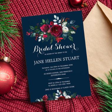 Red burgundy navy blue winter floral bridal shower Invitations