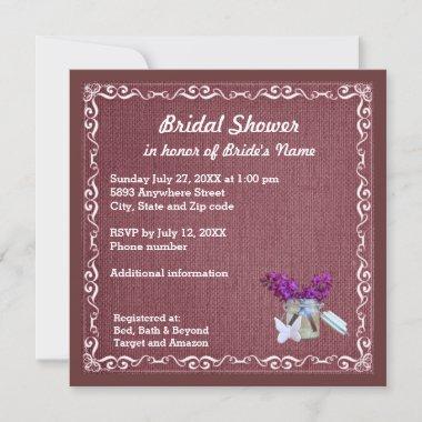 Red Burlap, Purple Flowers, Jar Bridal Shower Inv Invitations