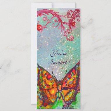 RED BUTTERFLY IN BLUE GREEN TEAL GOLD SPARKLES Invitations