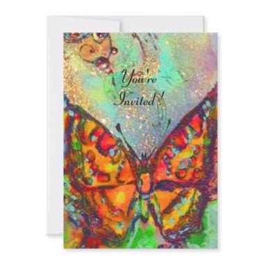 RED BUTTERFLY IN BLUE GREEN TEAL GOLD SPARKLES Invitations