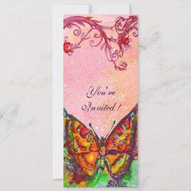 RED BUTTERFLY PINK FUCHSIA SWIRLS,GOLD SPARKLES Invitations