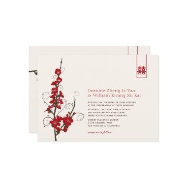 Red Cherry Blossoms Sakura Swirls Asian Wedding Invitations