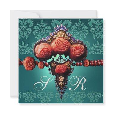 RED CORAL ROSES,AQUA BLUE BLACK DAMASK MONOGRAM