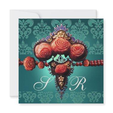 RED CORAL ROSES,AQUA BLUE BLACK DAMASK MONOGRAM Invitations