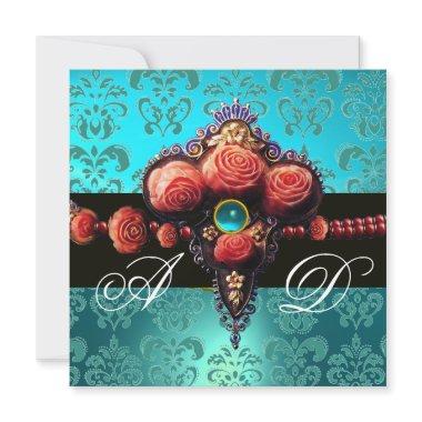 RED CORAL ROSES,AQUA BLUE BLACK DAMASK MONOGRAM Invitations