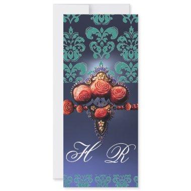 RED CORAL ROSES,AQUA BLUE BLACK DAMASK MONOGRAM Invitations