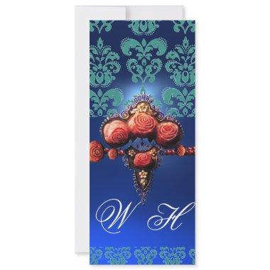 RED CORAL ROSES,AQUA BLUE BLACK DAMASK MONOGRAM Invitations