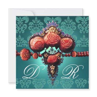 RED CORAL ROSES,AQUA BLUE BLACK DAMASK MONOGRAM