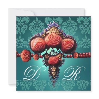 RED CORAL ROSES,AQUA BLUE BLACK DAMASK MONOGRAM Invitations