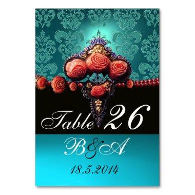 RED CORAL ROSES,AQUA BLUE BLACK DAMASK MONOGRAM TABLE NUMBER